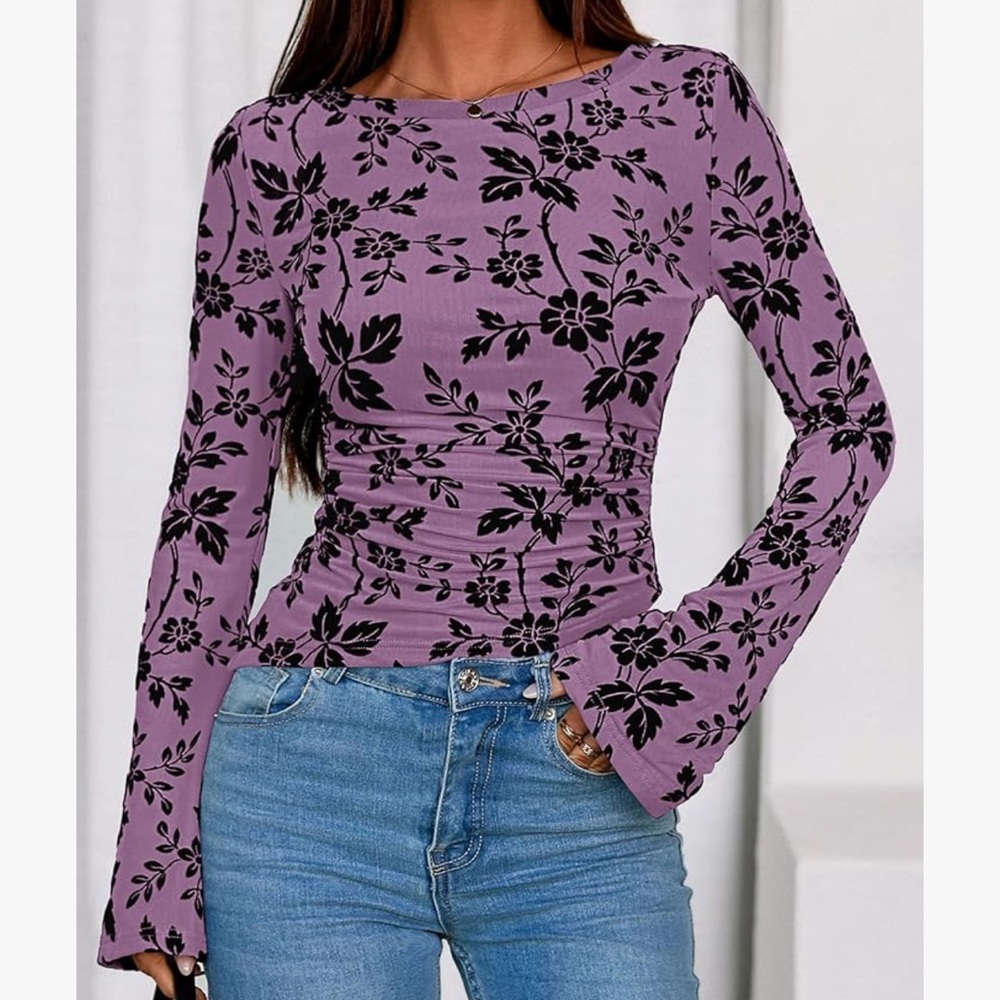Floral Mesh Ruched Fitted Long Sleeve Top